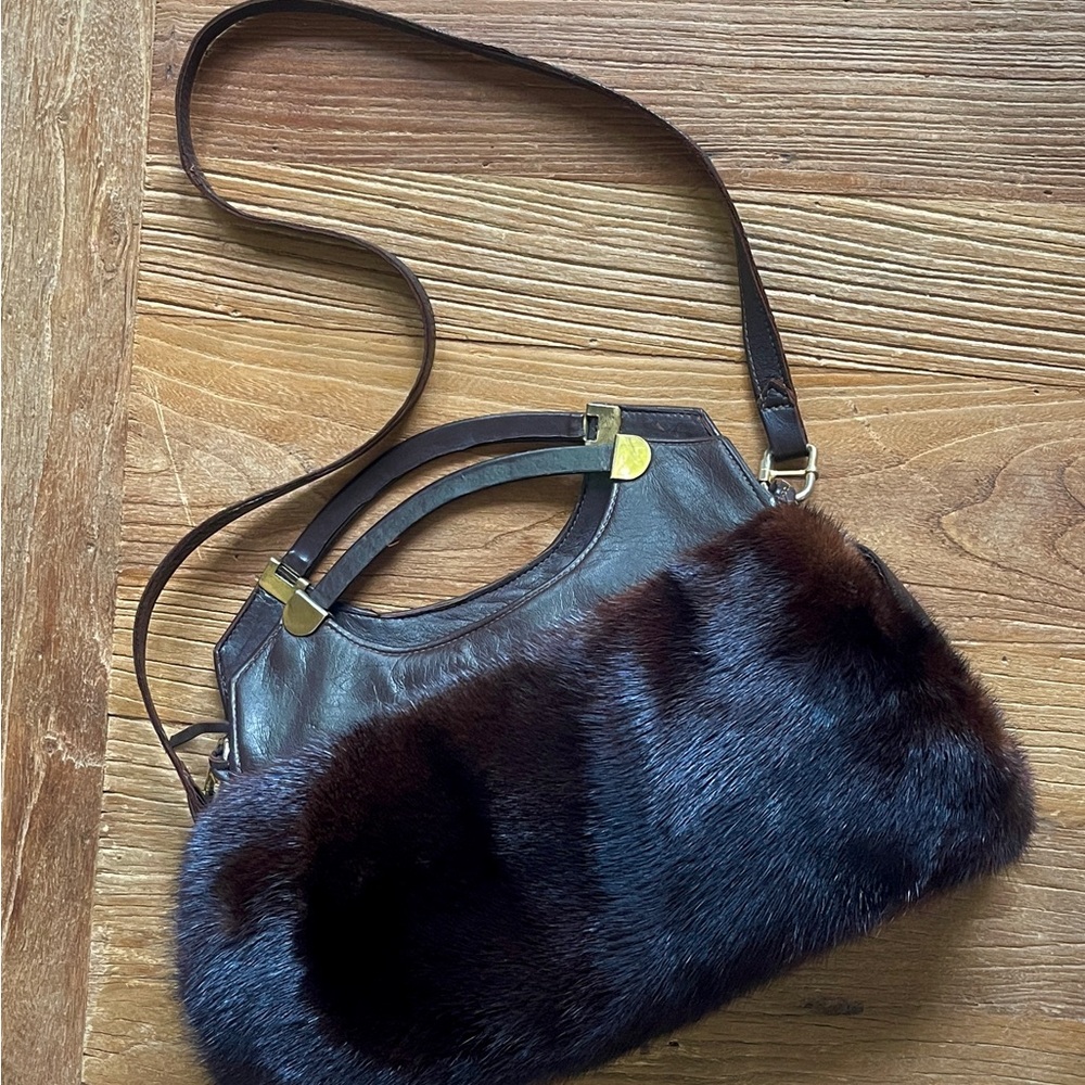 SOLD; EXCELLENT NATURAL RICH RANCH MINK FUR HANDBAG  HIDDEN HAND MUFF LEATHER